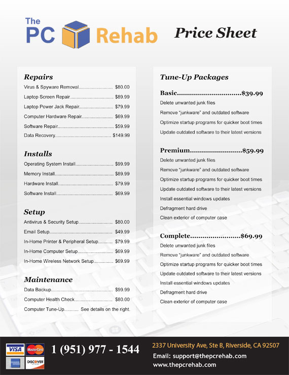 The PC Rehab LLC Price List
